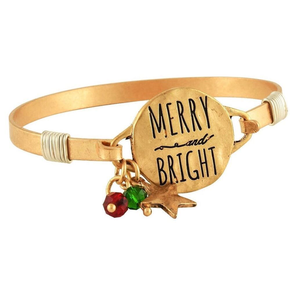 New Womens Boutique Merry & Bright Christmas Holiday Gold Hook Bracelet